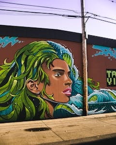 Woman With Blue and Green Haired Wall Painting